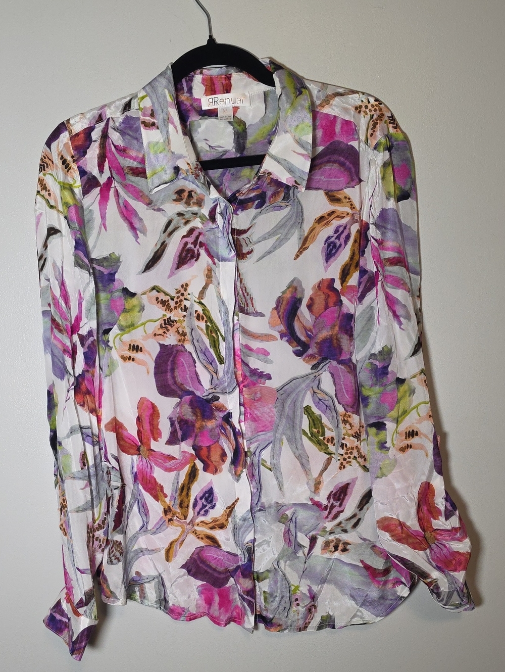 Renuar Floral Sheer Button-Down Blouse Jacket - Purple, Pink, Green, Cream